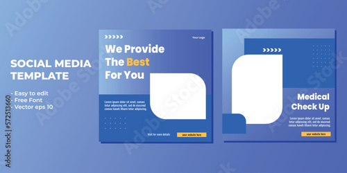 Medical social media post template design. Modern banner with blue and white background and place for the photo. Usable for social media, banner, and website.