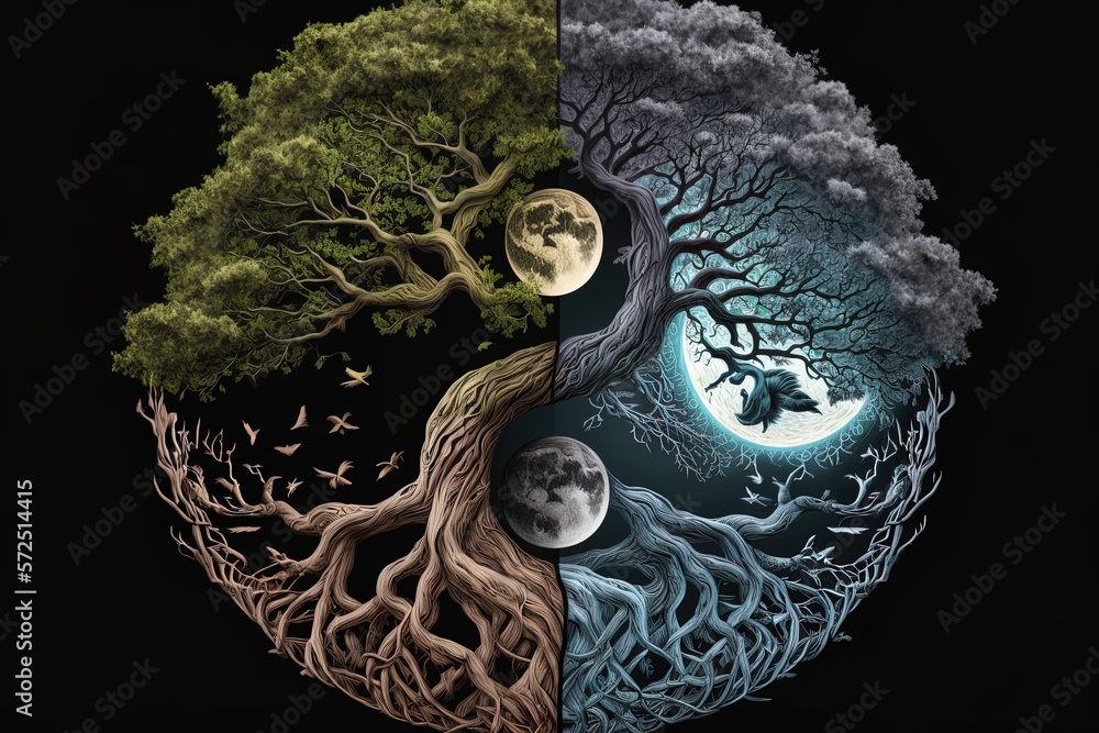 Ying yang concept of balance Yggdrasil tree of life norse mythology