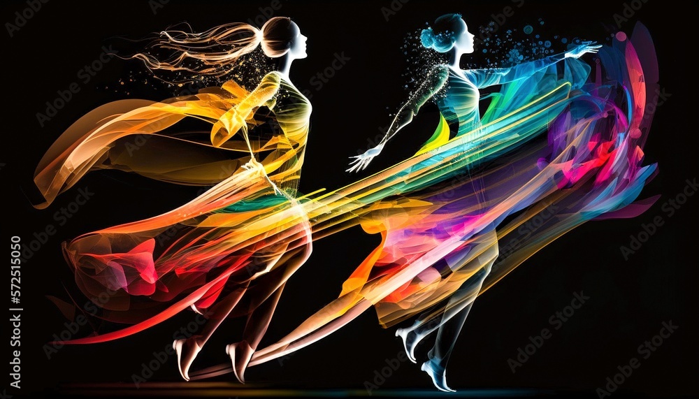 A colorful rainbow illustration of 2 dancers showing Joyful Rhythm in movement — with blurred movements streaks.