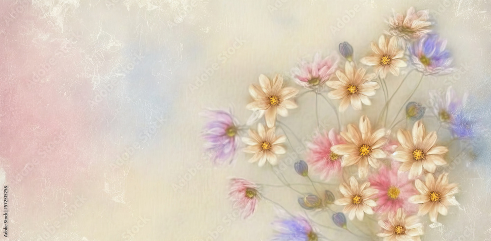 painted flowers on light pastel background. Generative AI