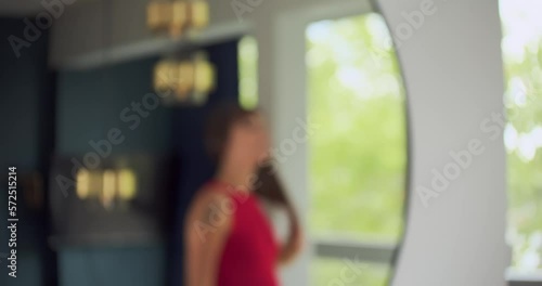 Wallpaper Mural Silhouette of attractive woman in red dress walk inside modern home Torontodigital.ca