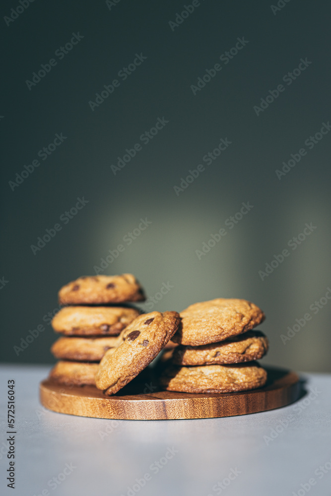 Cookies with chocolate chips on a silver table