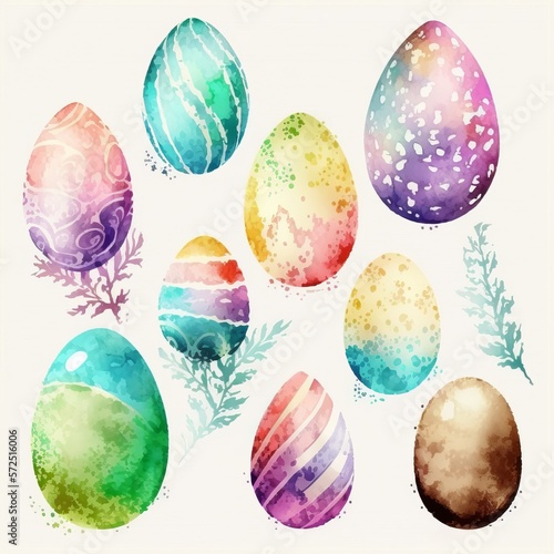 Watercolor Illustration of a Collection of Colorful Painted  Dyed  Decorated Eggs Suitable for Easter   Isolated on White  Made in Part with Generative AI 