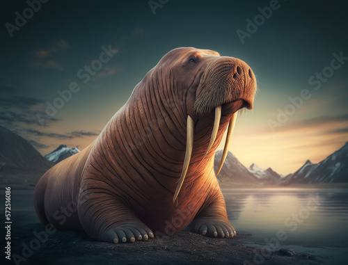 sea lion or Walrus on sunset background basking in the beauty of nature under a bright sky in a safe and serene atmosphere - High-quality, photorealistic landscape with ultra-detailed, AI