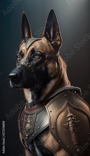 Cute Stylish and Cool Animal Belgian Malinois Dog Knight of the Middle Ages: Armor, Castle, Sword, and Chivalry in a Colorful and Adorable Illustration (generative AI)