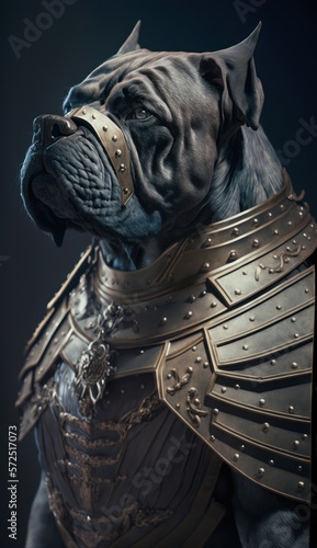 Cute Stylish and Cool Animal Cane Corso Dog Knight of the Middle Ages: Armor, Castle, Sword, and Chivalry in a Colorful and Adorable Illustration (generative AI)