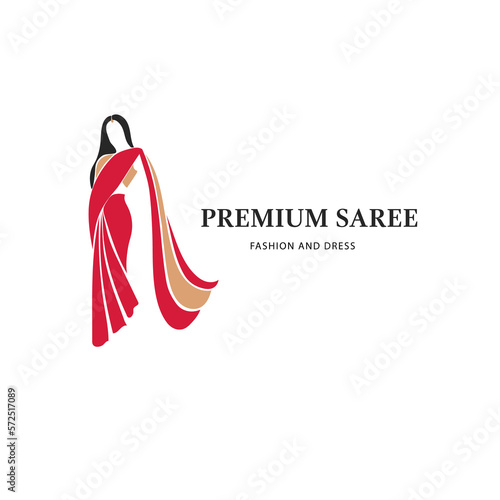 Saree logo design with women figure template. Women india dress or clothing logo design.
