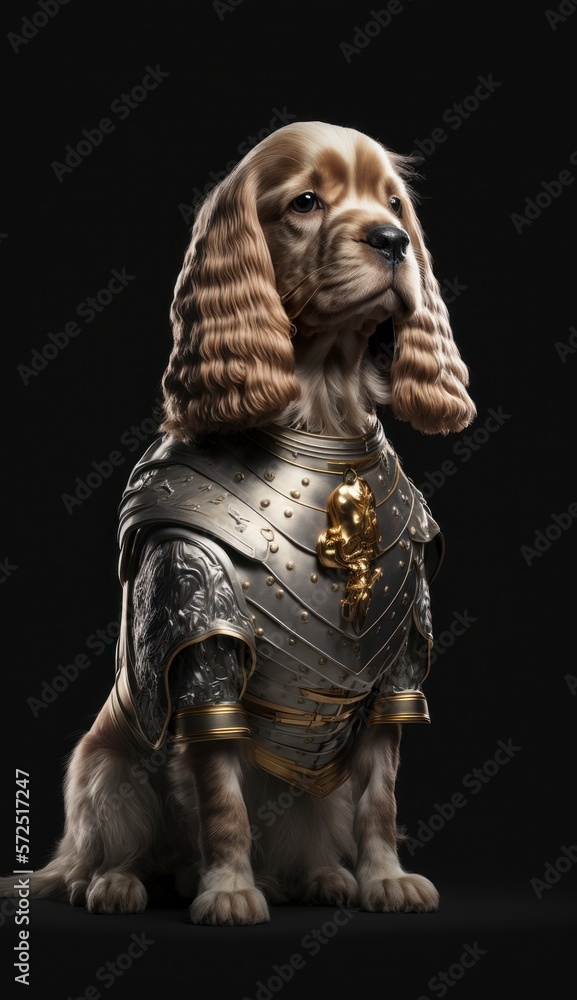 Cute Stylish and Cool Animal Cocker Spaniel Dog Knight of the Middle Ages: Armor, Castle, Sword, and Chivalry in a Colorful and Adorable Illustration (generative AI)