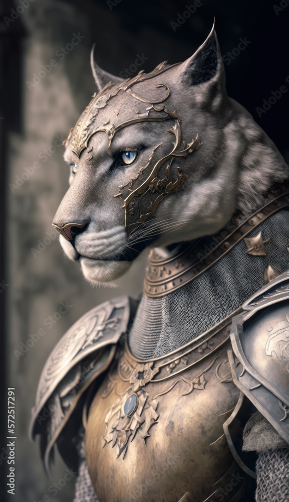 Cute Stylish and Cool Animal cougar Knight of the Middle Ages: Armor, Castle, Sword, and Chivalry in a Colorful and Adorable Illustration (generative AI)