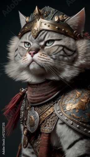 Cute Stylish and Cool Animal Chinese Li Hua Cat Knight of the Middle Ages: Armor, Castle, Sword, and Chivalry in a Colorful and Adorable Illustration (generative AI)