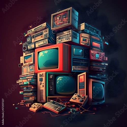 Montage of retro Televisions and DVD players stacked upon each other in digital format Created with Generative AI Technology photo