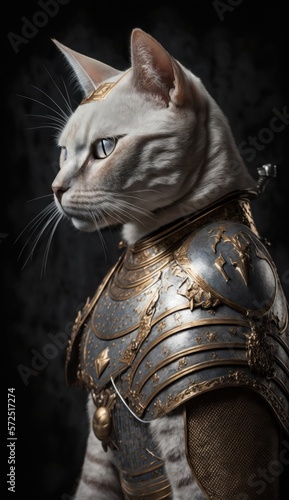 Cute Stylish and Cool Animal Colorpoint Shorthair Cat Knight of the Middle Ages: Armor, Castle, Sword, and Chivalry in a Colorful and Adorable Illustration (generative AI)