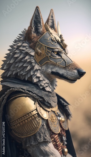 Cute Stylish and Cool Animal Coyote Knight of the Middle Ages: Armor, Castle, Sword, and Chivalry in a Colorful and Adorable Illustration (generative AI)