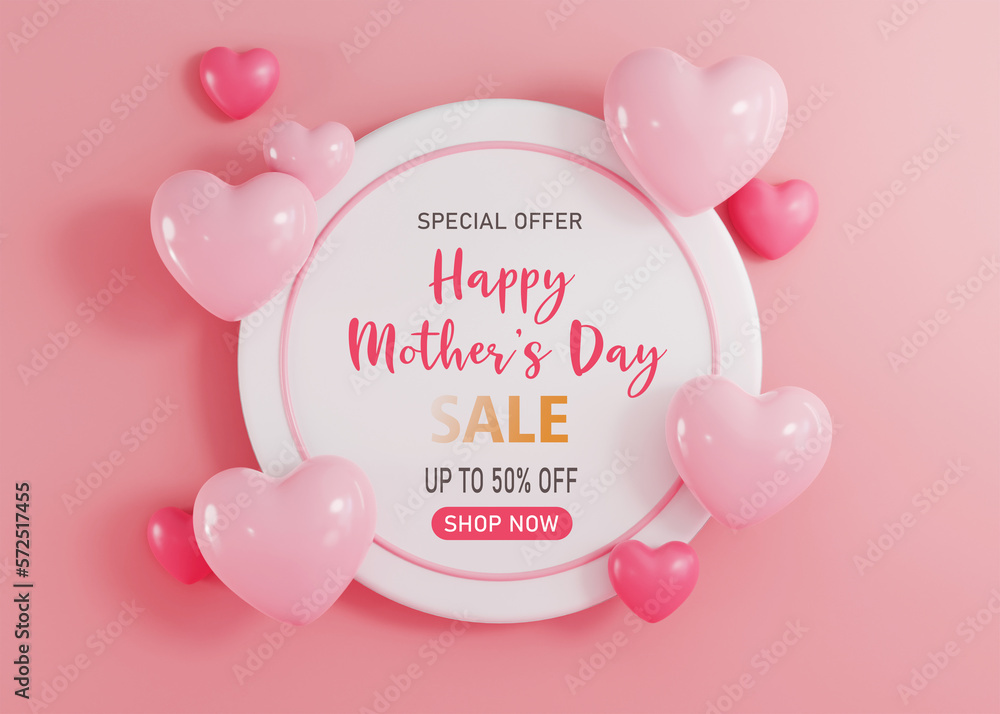 3d rendering. Mother's Day sale banner with heart shaped balloons. Holiday illustration banner. for mother day design