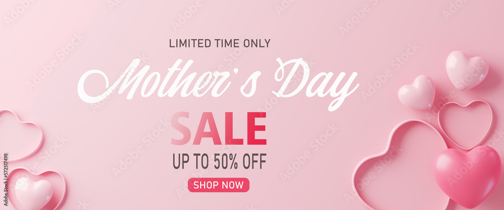 3d rendering.Mother's day sale banner with heart shaped balloons. Holiday illustration banner. for mother day design