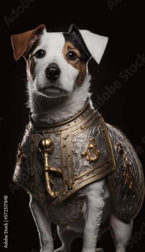 Cute Stylish and Cool Animal Jack Russell Terrier Dog Knight of the Middle Ages: Armor, Castle, Sword, and Chivalry in a Colorful and Adorable Illustration (generative AI)