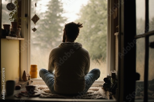 Man meditating in house facing window  Generative Ai