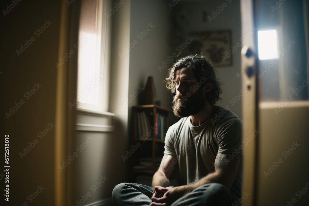 Man meditatiing in home with beard, Generative Ai Man meditatiing in home with beard, Generative Ai