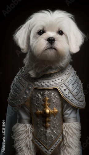 Cute Stylish and Cool Animal Maltese Dog Knight of the Middle Ages: Armor, Castle, Sword, and Chivalry in a Colorful and Adorable Illustration (generative AI)