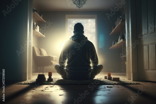 Silhouette of man meditating in house  Generative Ai