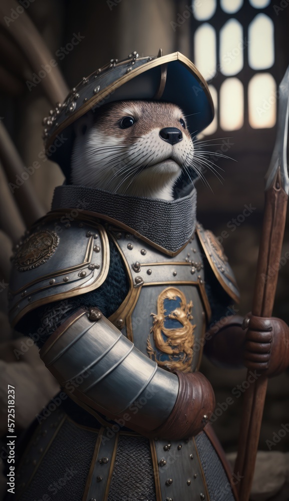 Cute Stylish and Cool Animal Otter Knight of the Middle Ages: Armor, Castle, Sword, and Chivalry in a Colorful and Adorable Illustration (generative AI)