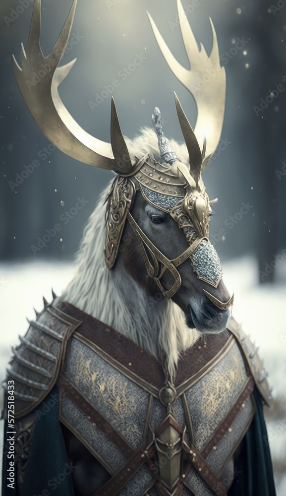 Cute Stylish and Cool Animal Reindeer Knight of the Middle Ages: Armor, Castle, Sword, and Chivalry in a Colorful and Adorable Illustration (generative AI)