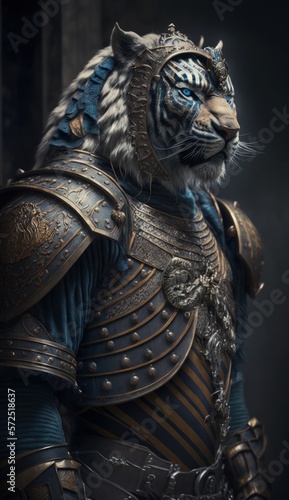 Cute Stylish and Cool Animal Tiger Knight of the Middle Ages  Armor  Castle  Sword  and Chivalry in a Colorful and Adorable Illustration  generative AI 