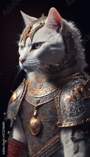 Cute Stylish and Cool Animal Turkish Van Cat Knight of the Middle Ages: Armor, Castle, Sword, and Chivalry in a Colorful and Adorable Illustration (generative AI)