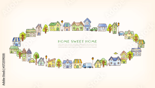 Watercolor vector illustration of a round frame with houses, trees and plants (blue and green)