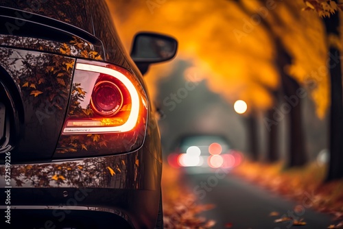 Um carro que se desloca numa estrada onde se consegue ver o farol traseiro em destaque e ao fundo um ambiente de outono com arvores e outros carros desfocados photo