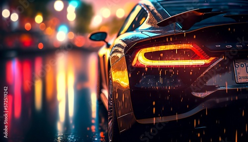 Sportscar taillight with a blurred city background filled with lights and reflections © Eduardo