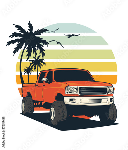car truck on the beach at sunrise illustration © MozaikWorld