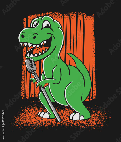 T-rex holding a mic while doing stand-up comedy