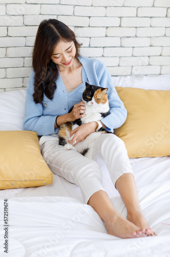 Millennial Asian young kindly cheerful female owner sitting leaning on pillows on cozy sofa bed hugging cuddling cute little domestic kitten tricolor furry pussycat pet friend in bedroom at home.