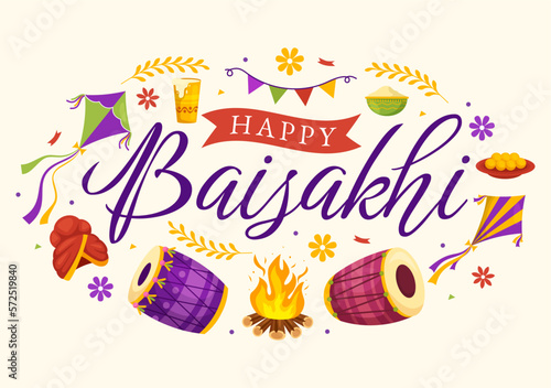 Happy Baisakhi Illustration with Vaisakhi Punjabi Spring Harvest Festival of Sikh celebration in Flat Cartoon Hand Drawn for Landing Page Templates photo