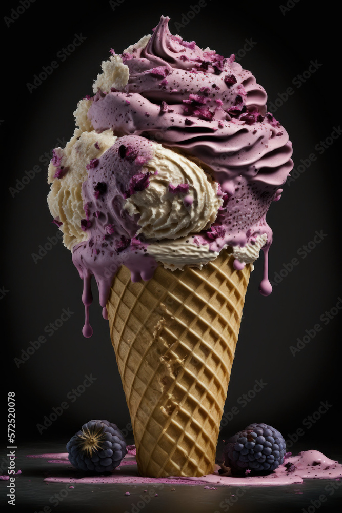 Photorealistic ai artwork of boysenberry ice cream in a cone for ...
