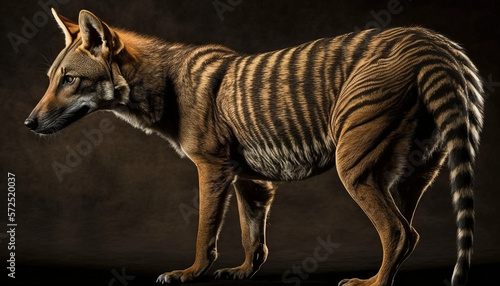 Photorealistic ai artwork of a Thylacine or previously known as a Tasmanian Tiger. Dramatic studio-style image. Generative ai. photo