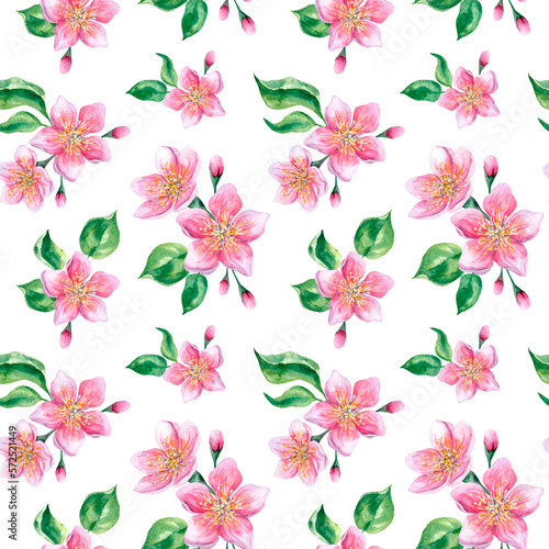 Seamless watercolor floral pattern  delicately pink apple tree flowers with green leaves on a white background. Hand-drawn spring pattern. Designs fabric  textiles  wrapping paper  bedding.