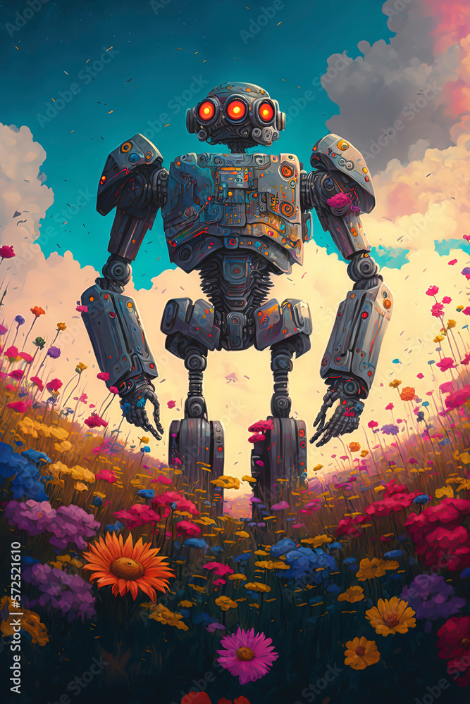 a magical landscape with a robot with two arms and two legs in a field of multicolored flowers. AI-Generated