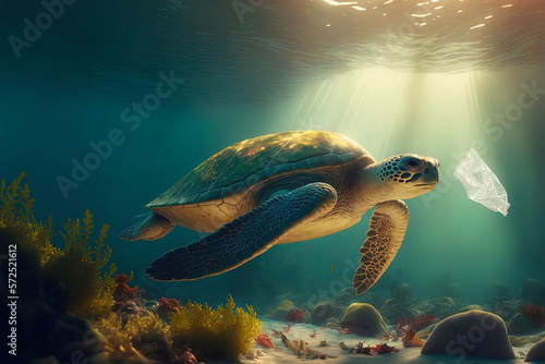 A majestic sea turtle is eating plastic bag in a ocean, Sunbeams shine through the water. AI-Generated