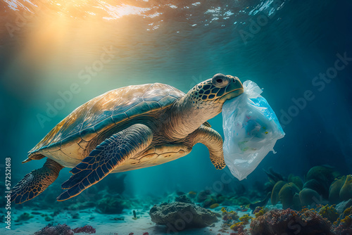 A majestic sea turtle is eating plastic bag in a ocean  Sunbeams shine through the water. AI-Generated