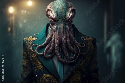 Kraken dressed in a formal business suit. anthropomorphic businessman.. AI-Generated