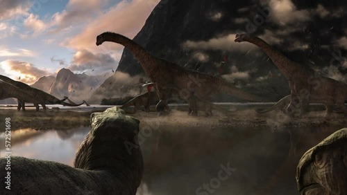 Jurassic park dinosaur background landscape with different species, prehistoric ecosystem animation photo