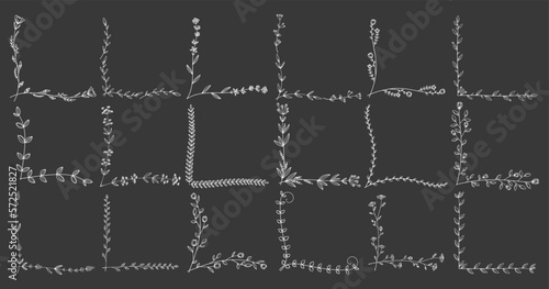 黒板風　繊細な植物や花のボタニカルコーナーセット　ベクター素材