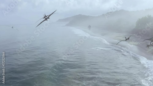 Pterosaurs dinosaurs flying over the beach in a jurassic park, 3D render animation of a prehistoric landscape scene photo