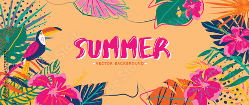 Summer tropical jungle background vector. Colorful botanical with exotic plants, hornbill, hibiscus flowers, palm leaf, grunge texture. Happy summertime illustration for poster, cover, banner, prints.