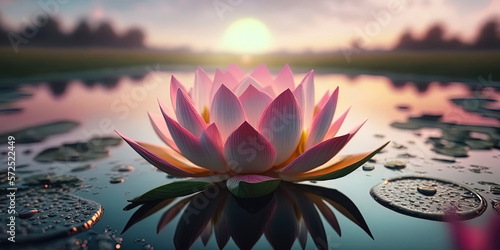 Pink Lotus flower in the middle of a pond with cyan water. AI-Generated