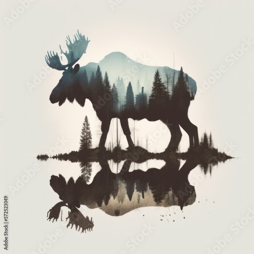 Cool and Beautiful Double Exposure Silhouette Moose Animal in Natural Habitat: A Colorful Illustration of Wildlife in Creative Photo Manipulation generative AI