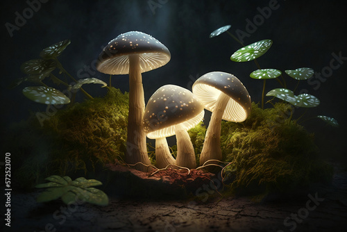 Illuminated mushrooms in an enchanted forest in the evening. Generative AI technology