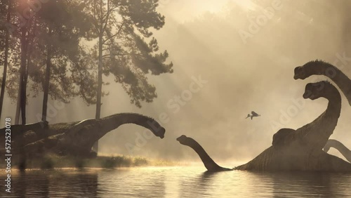Scenic view of long neck sauropod dinosaurs family in the middle of the forest during sunset, animation photo